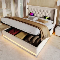 Lit adulte lit 140x200 cm lit rembourré hydraulique lit de rangement lit double coton beige