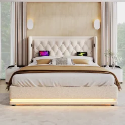 Lit adulte lit 140x200 cm lit rembourré hydraulique lit de rangement lit double coton beige