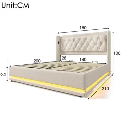 Lit adulte lit 140x200 cm lit rembourré hydraulique lit de rangement lit double coton beige