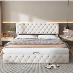 Lit adulte lit 180x200 cm lit rembourré hydraulique lit sommier à lattes lit de rangement lit double pu blanc