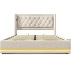Lit adulte lit 160x200 cm lit rembourré hydraulique lit de rangement lit double coton beige