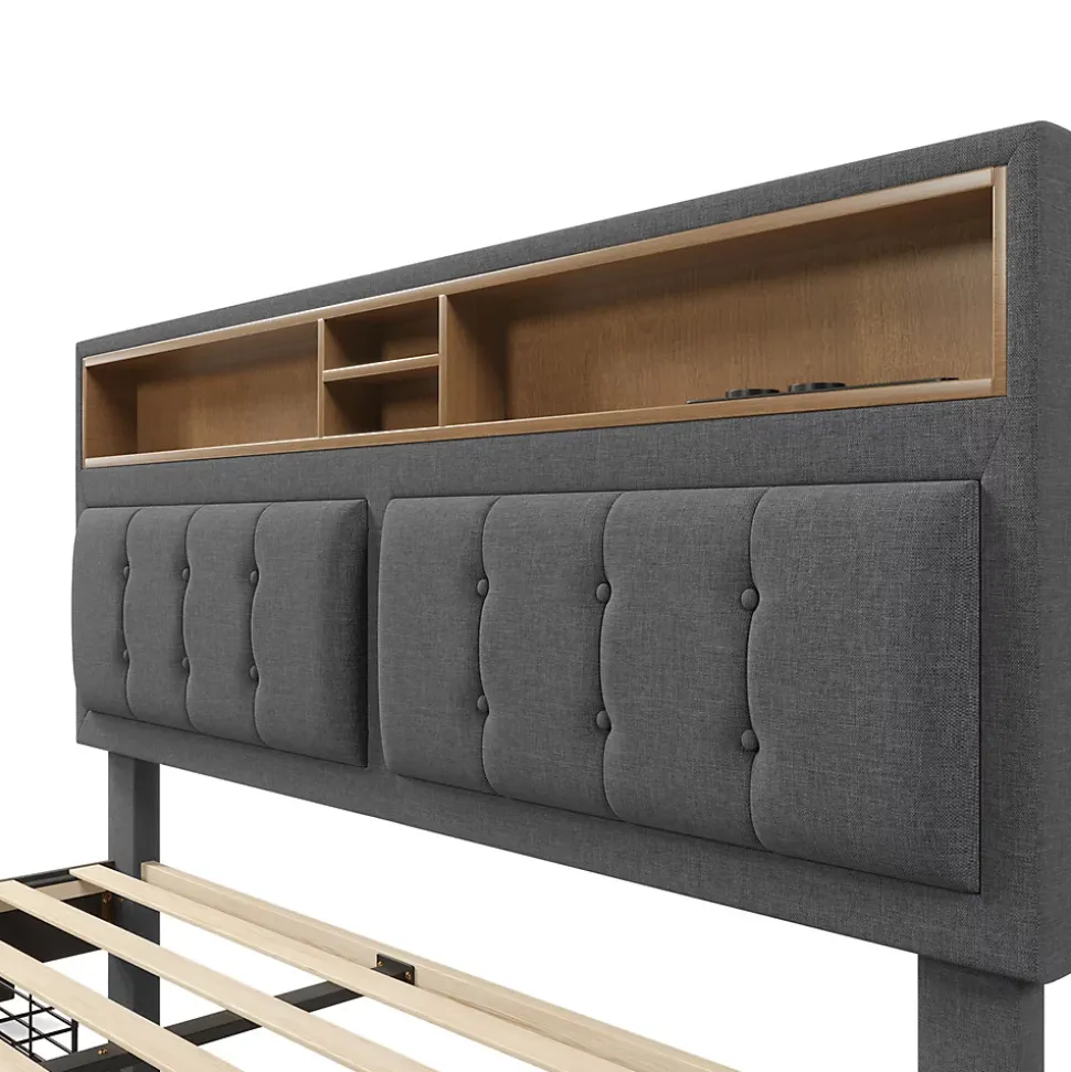 Lit adulte lit 140x200 cm lit rembourré avec quatre tiroirs avec sommier à lattes en bois lit double lin gris