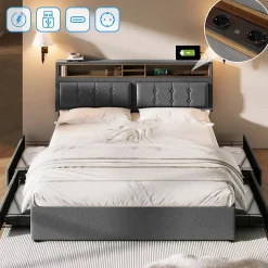 Lit adulte lit 140x200 cm lit rembourré avec quatre tiroirs avec sommier à lattes en bois lit double lin gris