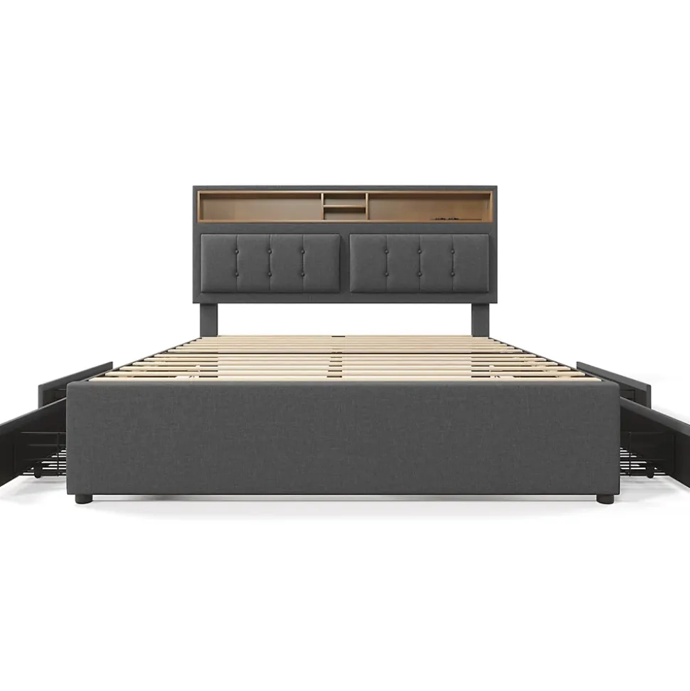 Lit adulte lit 140x200 cm lit rembourré avec quatre tiroirs avec sommier à lattes en bois lit double lin gris