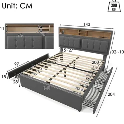 Lit adulte lit 140x200 cm lit rembourré avec quatre tiroirs avec sommier à lattes en bois lit double lin gris