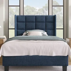 Lit adulte lit 90x200 cm lit rembourré lit sommier à lattes Single lin bleu