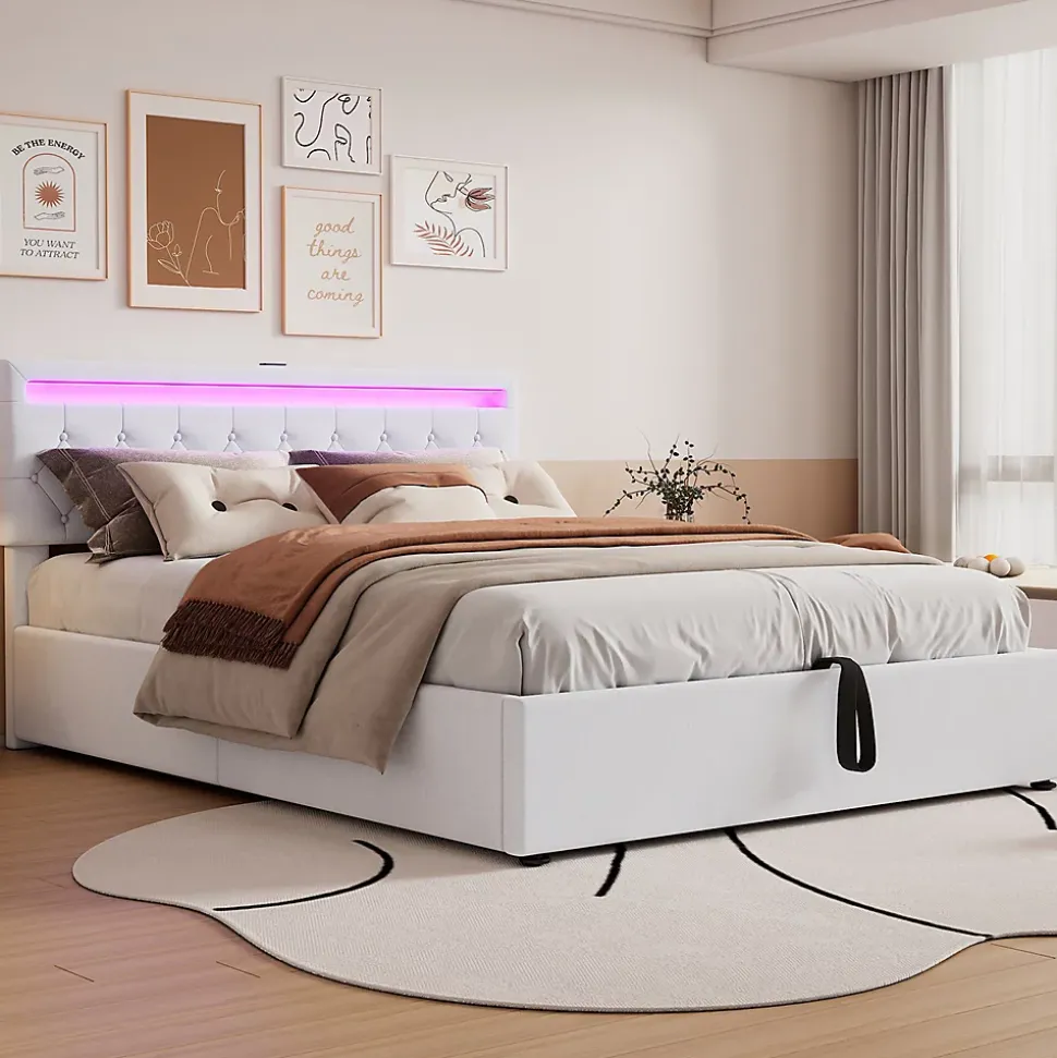 Lit adulte lit 160x200 cm lit rembourré lit de rangement avec lumière ambiante lit double lin blanc