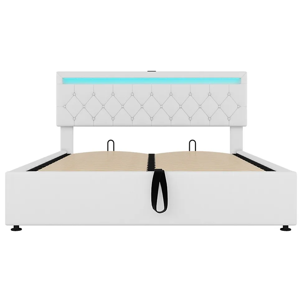 Lit adulte lit 160x200 cm lit rembourré lit de rangement avec lumière ambiante lit double lin blanc