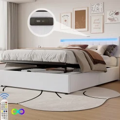 Lit adulte lit 160x200 cm lit rembourré lit de rangement avec lumière ambiante lit double lin blanc