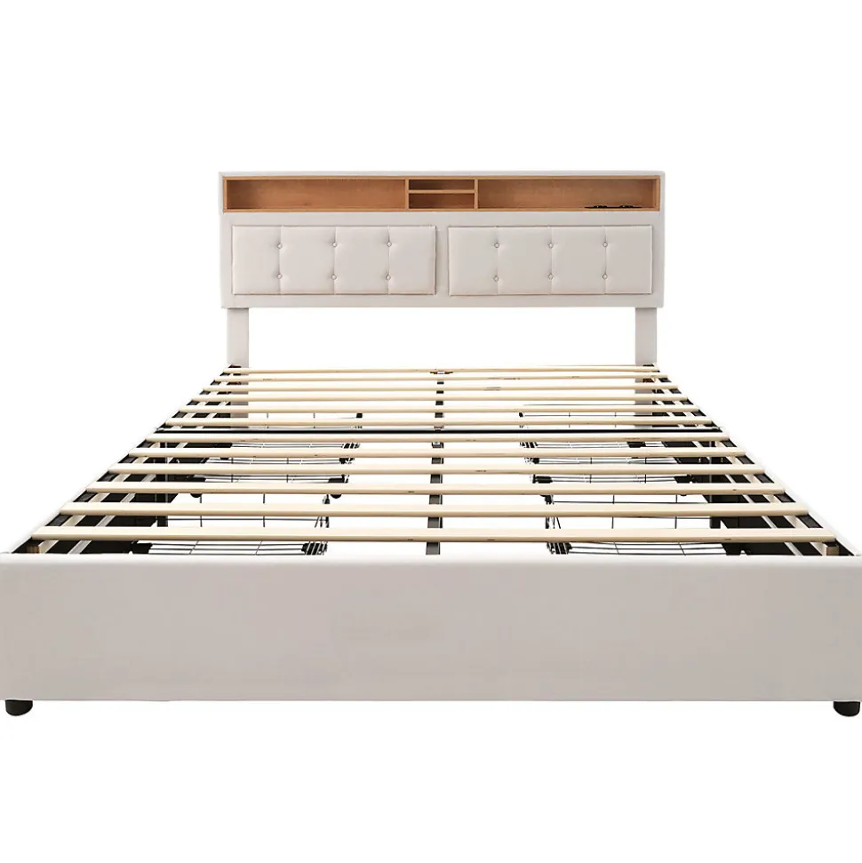 Lit adulte lit 160x200 cm lit rembourré avec quatre tiroirs avec sommier à lattes en bois lit double lin beige