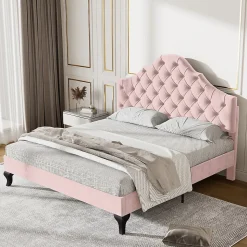 Lit adulte lit 140x200 cm lit rembourré avec sommier à lattes lit double velours rose