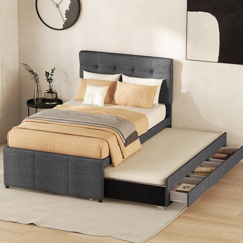 Lit adulte lit 90x200 cm lit rembourré avec trois tiroirs Single lin gris