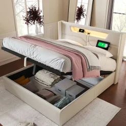 Lit adulte lit 140x200 cm lit rembourré lit de rangement lit sommier à lattes en bois lit double lin beige