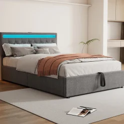 Lit adulte lit 140x200 cm lit rembourré lit de rangement avec lumière ambiante lit double lin gris