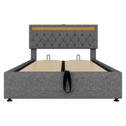 Lit adulte lit 140x200 cm lit rembourré lit de rangement avec lumière ambiante lit double lin gris