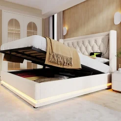 Lit adulte lit 180x200 cm lit rembourré hydraulique lit de rangement lit double coton beige