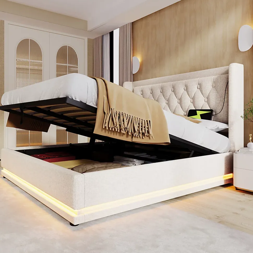 Lit adulte lit 180x200 cm lit rembourré hydraulique lit de rangement lit double coton beige