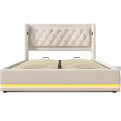 Lit adulte lit 180x200 cm lit rembourré hydraulique lit de rangement lit double coton beige