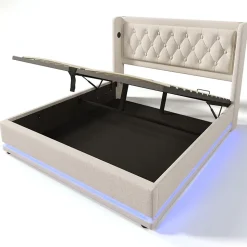 Lit adulte lit 180x200 cm lit rembourré hydraulique lit de rangement lit double coton beige