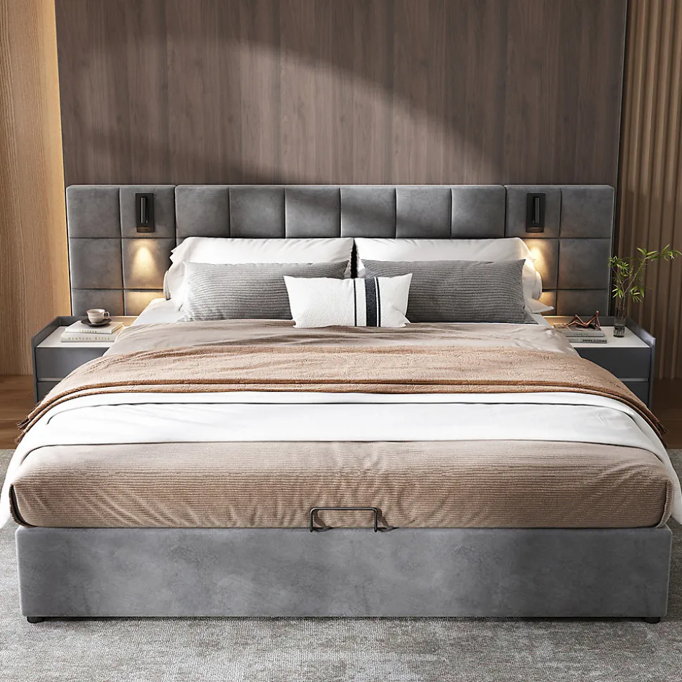 Lit adulte lit 160x200 cm lit rembourré hydraulique lit de rangement lit double velours gris