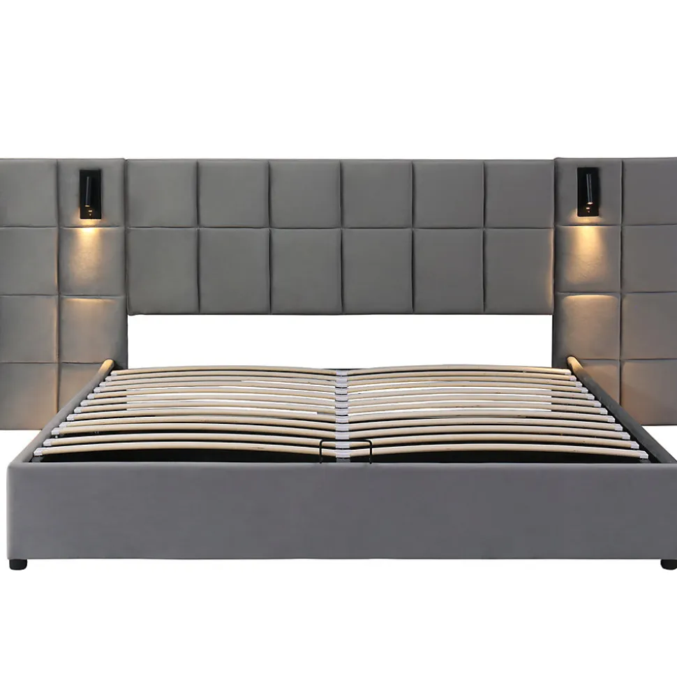 Lit adulte lit 160x200 cm lit rembourré hydraulique lit de rangement lit double velours gris