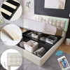 Lit adulte lit 180x200 cm lit rembourré lit de rangement lit sommier à lattes lit barre d'éclairage led lit double cuir pu blanc