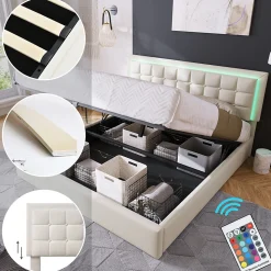 Lit adulte lit 180x200 cm lit rembourré lit de rangement lit sommier à lattes lit barre d'éclairage led lit double cuir pu blanc