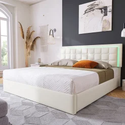 Lit adulte lit 180x200 cm lit rembourré lit de rangement lit sommier à lattes lit barre d'éclairage led lit double cuir pu blanc