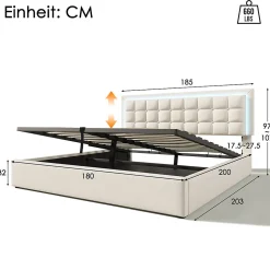 Lit adulte lit 180x200 cm lit rembourré lit de rangement lit sommier à lattes lit barre d'éclairage led lit double cuir pu blanc