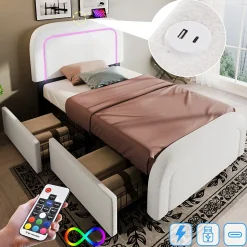 Lit adulte lit 90x200 cm lit rembourré lit éclairage led lit 2 tiroirs lit sommier à lattes en bois Single sherpa blanc