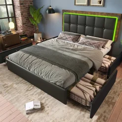Lit adulte lit 140x200 cm lit rembourré avec bandeau lumineux led et 4 tiroirs lit double pu noir