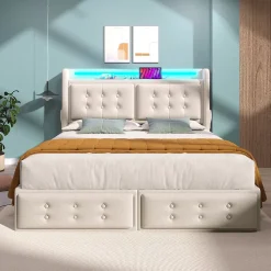 Lit adulte lit 140x200 cm lit rembourré lit 4 tiroirs lit de rangement avec sommier à lattes en bois lit double coton lin beige