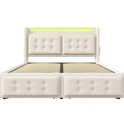 Lit adulte lit 140x200 cm lit rembourré lit 4 tiroirs lit de rangement avec sommier à lattes en bois lit double coton lin beige