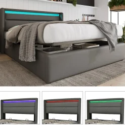 Lit adulte lit 140x200 cm lit rembourré hydraulique lit de rangement lit barre d'éclairage led lit double pu gris