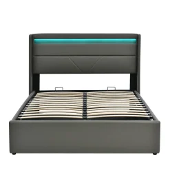 Lit adulte lit 140x200 cm lit rembourré hydraulique lit de rangement lit barre d'éclairage led lit double pu gris