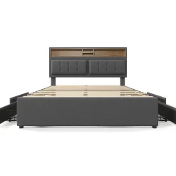 Lit adulte lit 160x200 cm lit rembourré avec quatre tiroirs avec sommier à lattes en bois lit double lin gris