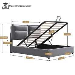 Lit adulte lit 140x200 cm lit rembourré hydraulique lit de rangement lit double velours gris