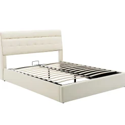 Lit adulte lit 140x200 cm lit rembourré hydraulique lit double avec sommier à lattes pu blanc crème