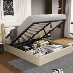 Lit adulte lit 140x200 cm lit rembourré hydraulique lit double avec sommier à lattes pu blanc crème