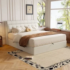 Lit adulte lit 140x200 cm lit rembourré hydraulique lit double avec sommier à lattes pu blanc crème