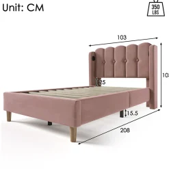 Lit adulte lit 90x200 cm lit rembourré avec fonction de charge usb type c Single velours rose