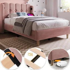 Lit adulte lit 90x200 cm lit rembourré avec fonction de charge usb type c Single velours rose