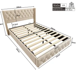 Lit adulte lit 160x200 cm lit rembourré lit rembourrage à rivets lit pieds en bois velours beige clair