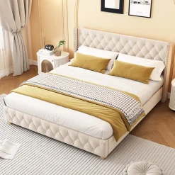 Lit adulte lit 160x200 cm lit rembourré lit rembourrage à rivets lit pieds en bois velours beige clair