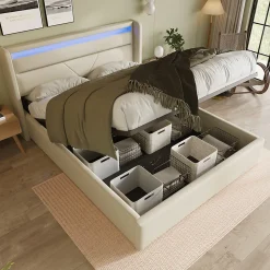 Lit adulte lit 160x200 cm lit rembourré hydraulique lit de rangement lit barre d'éclairage led lit double pu blanc