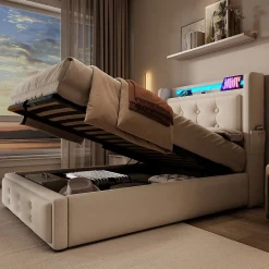 Lit adulte lit 90x200 cm lit rembourré hydraulique avec sommier en bois Single coton lin beige