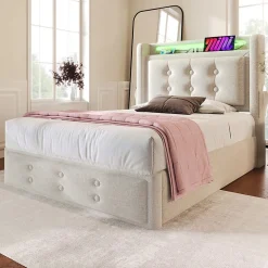 Lit adulte lit 90x200 cm lit rembourré hydraulique avec sommier en bois Single coton lin beige