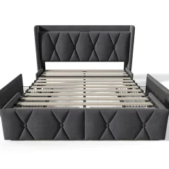 Lit adulte lit 160x200 cm lit rembourré lit de rangement avec 4 tiroirs lit double lin gris
