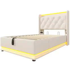 Lit adulte lit 90x200 cm lit rembourré hydraulique lit appui-tête rembourré avec fonction de recharge usb type-c Single pu blanc