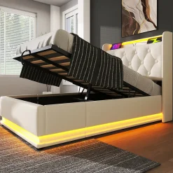 Lit adulte lit 90x200 cm lit rembourré hydraulique lit appui-tête rembourré avec fonction de recharge usb type-c Single pu blanc